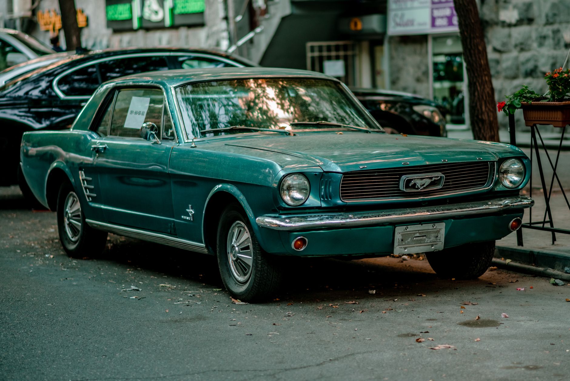 Turkusowy klasyczny Ford Mustang zaparkowany przy chodniku w mieście